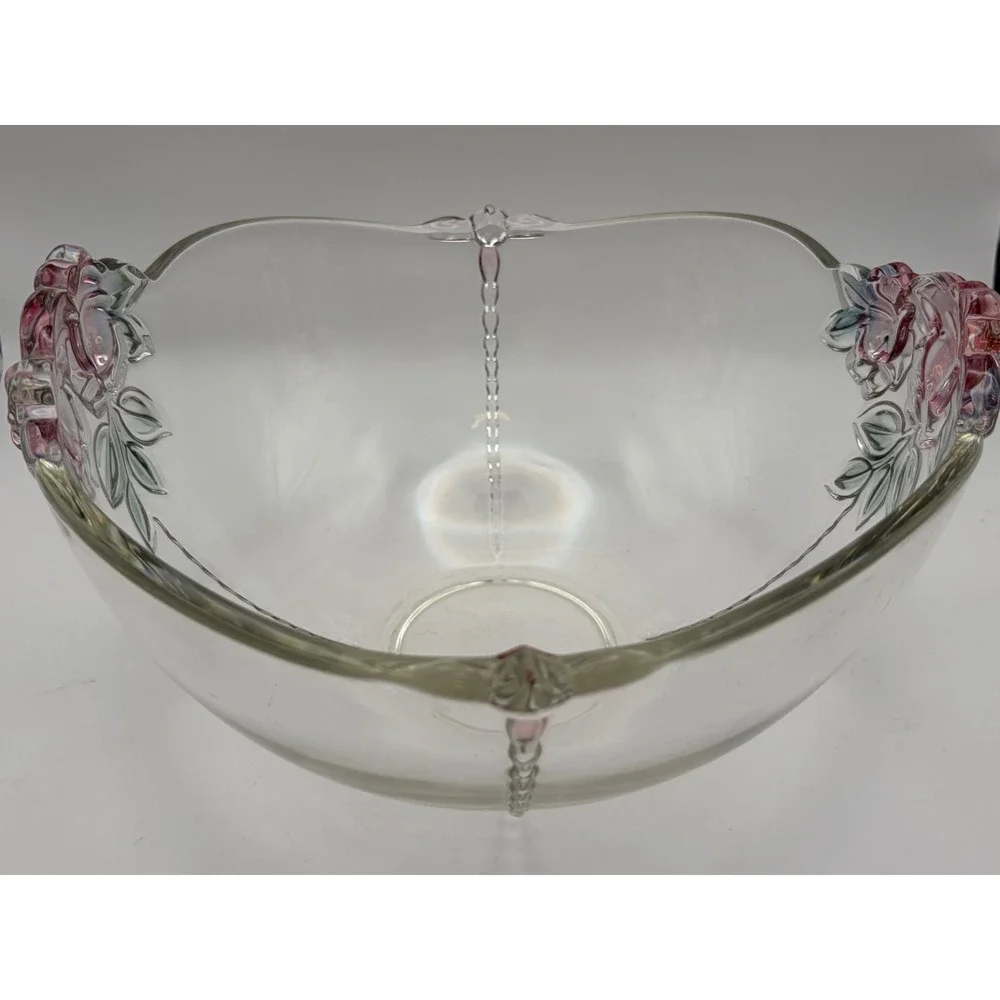 Vintage Mikasa Dusty Rose Clear Glass Serving Bowl Pink Roses 10